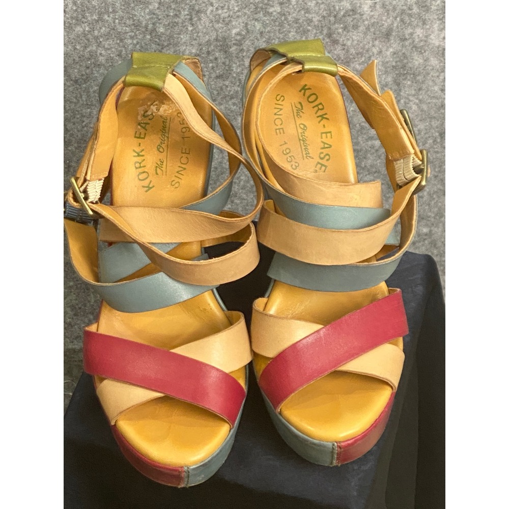 Kork-Ease Colorblock Leather Wedge Sandals Multicolor Strappy Platform‎ Heels 6 - Picture 5 of 9